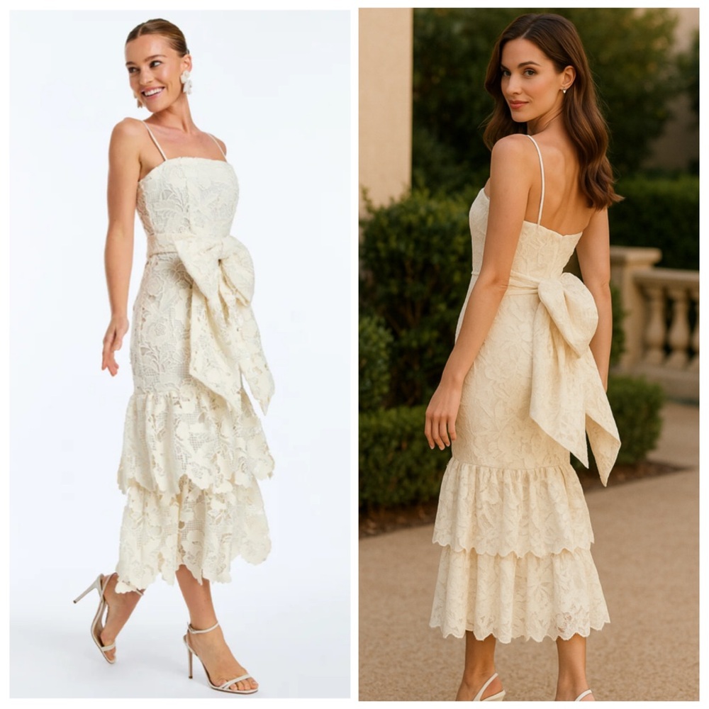 Elegant Lace Midi Dress with Bow Detail - Cream